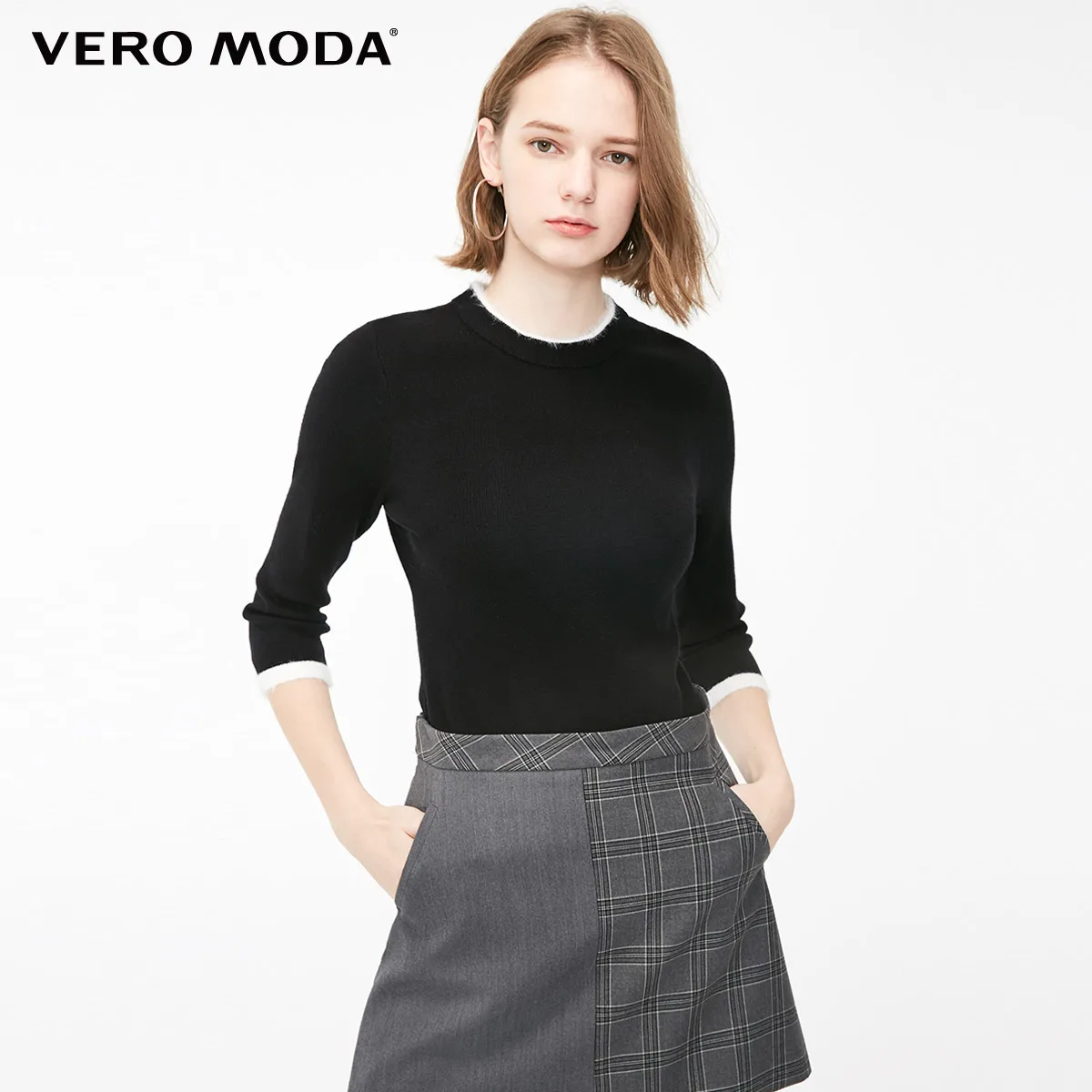 Vero Moda женский круглый вырез минималистичный 3/4 рукава приталенный базовый трикотаж | 319124534 - Цвет: Black