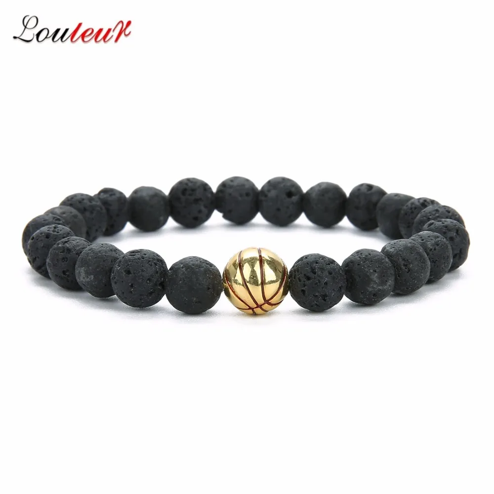 

LOULEUR New Black White Beaded Bracelets Female Lava Stone Basketball Charms Bracelets for Women Pulseras Jewelry Christmas