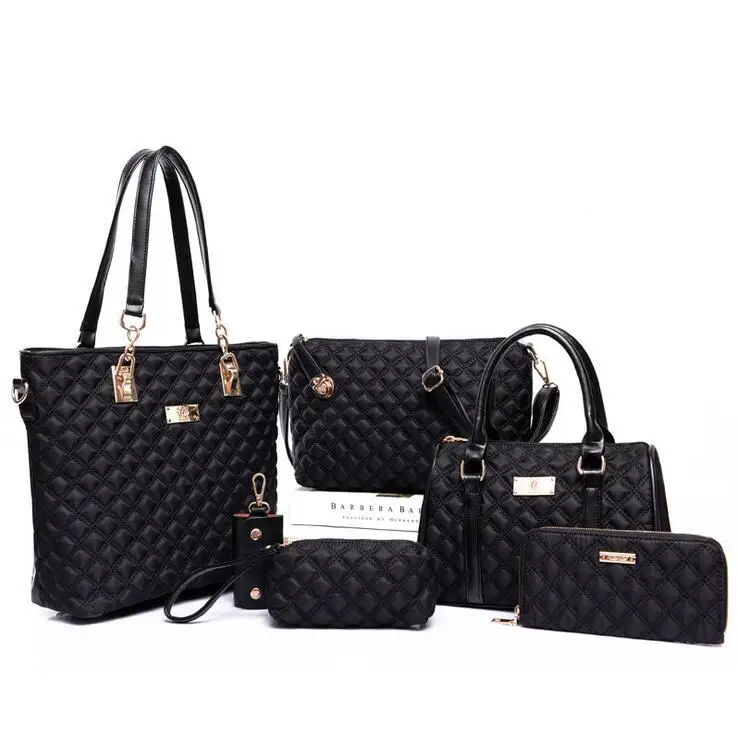 TTOU, женская модная сумка с ромбовидной решеткой, набор, 6 шт., Лоскутная композитная сумка, Женская винтажная сумка на плечо, повседневная сумка-тоут, сумка Оксфорд - Цвет: Черный