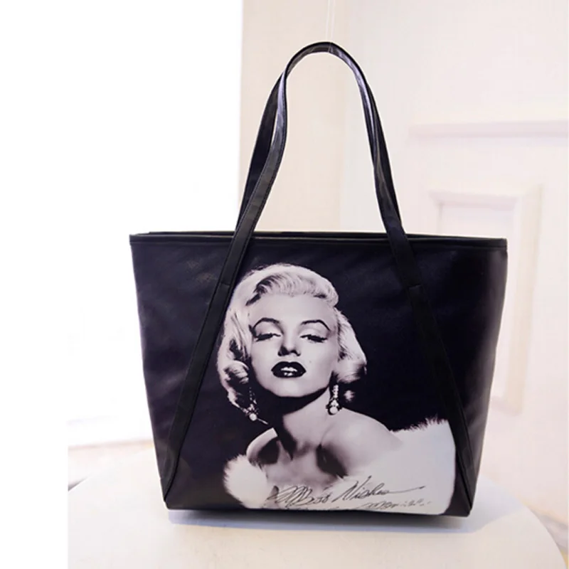 2016 New Fashion Women's Large Capacity Bag 3D Print Marilyn Monroe Shoulder Bag Office Lady Bag Pu Leather Black Shoulder Bag