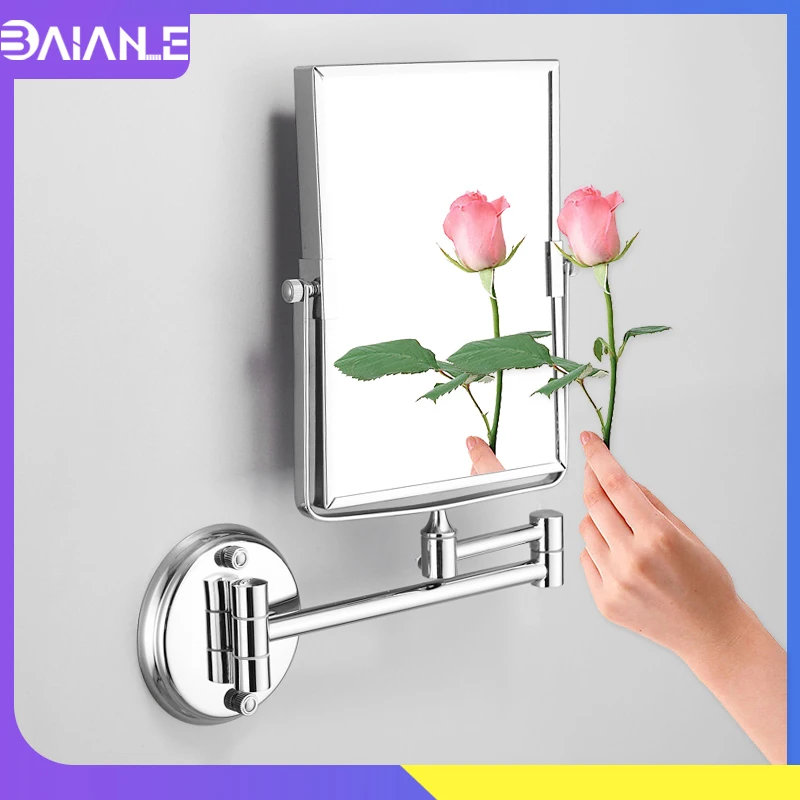 

Bathroom Mirror Stainless Steel Dual Arm Extend 2-Face Cosmetic Mirror Wall Mounted Square Floding Make Up Mirror 3x Magnifying