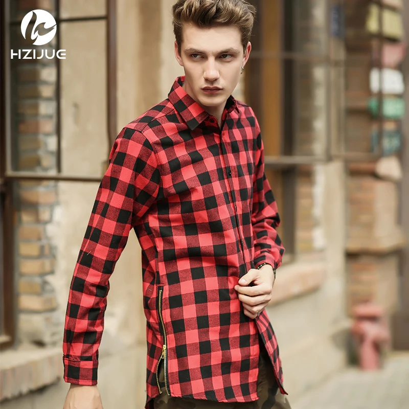 

HZIJUE 2018 mens fashion hip hop shirts streetwear urban clothing hiphop men clothes plaid zipper shirt kanye justin bieber