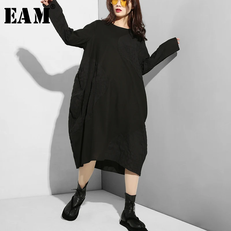 

[EAM] 2019 New Spring Summer Round Neck Long Sleeve Spliced Irregular Pattern Split Joint Loose Big Size Long Dress JG18201