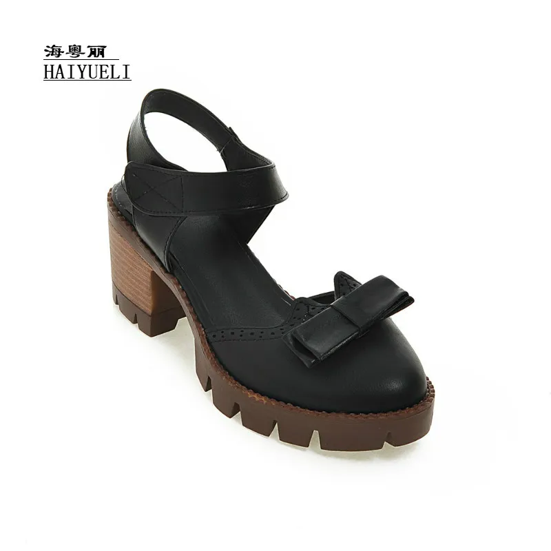 

Women Brand Fashion PU Leather Round Toe with Bowknot Ankle Strap Thick High Heels Ladies Sandals