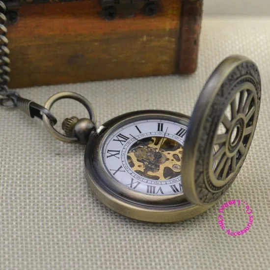 Оптовая продажа механических Скелет Сталь Мужская Бронзовый карманные часы винтажные Ретро древний модная мужская брелок часы