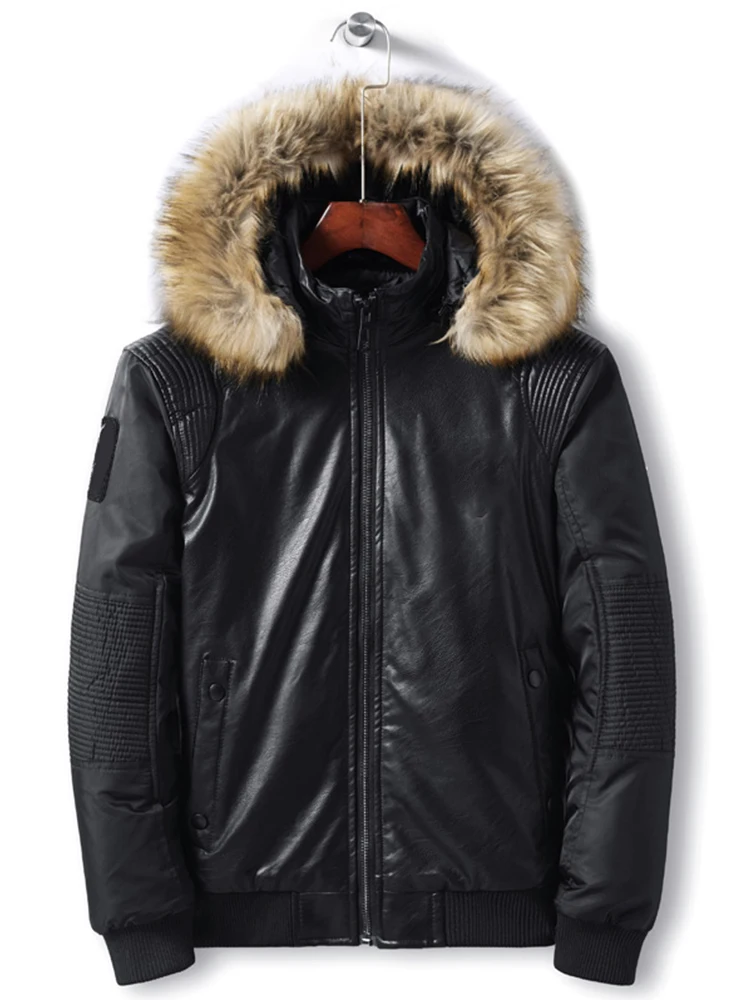 KENNTRICE Men's Winter Leather Motorcycle Jackets Leather Coat Men's Business Hooded Fur Collar New Spring Brand Clothes