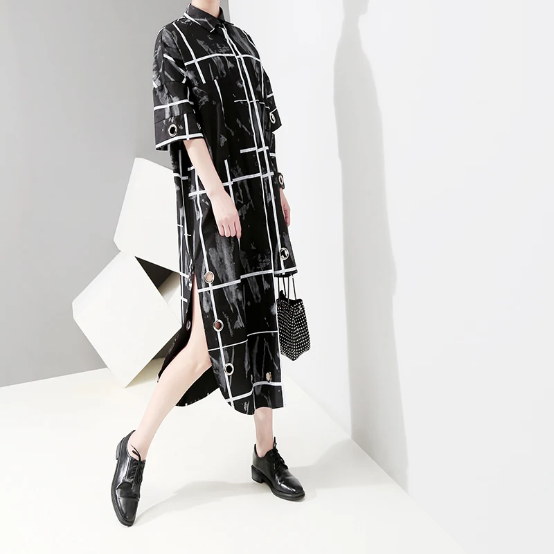 

2019 Women Summer Black Vintage Long Shirt Dress Sides Split Plus Size Metal Hole Irregular Stripes Female Club Party Dress 5071