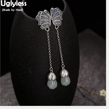 

Uglyless 100% Real 925 Sterling Silver Ethnic Handmade Thai Silver Butterfly Earrings for Women Nature Jade Flower Long Earrings