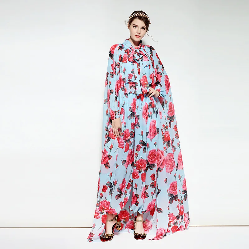 

New 2019 spring roses printed yarn net lace tie tight waist long sleeved zipper pair trousers two pieces