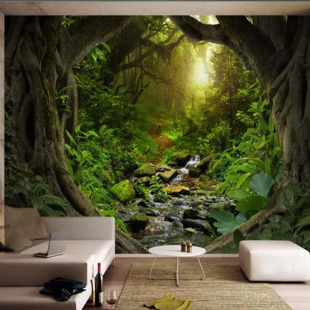 

3D Forest Stream Tree Wallpaper Wall Mural Decals for Living Room Bedroom Hand Painting HD Printed Photo Wallpapers Custom Size