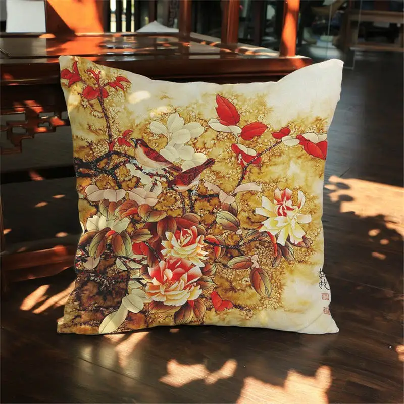 VULPIX Chinese style wind peony printed cotton linen pillow case Home sofa car Office 45*45cm Cushion cover pillowcase |