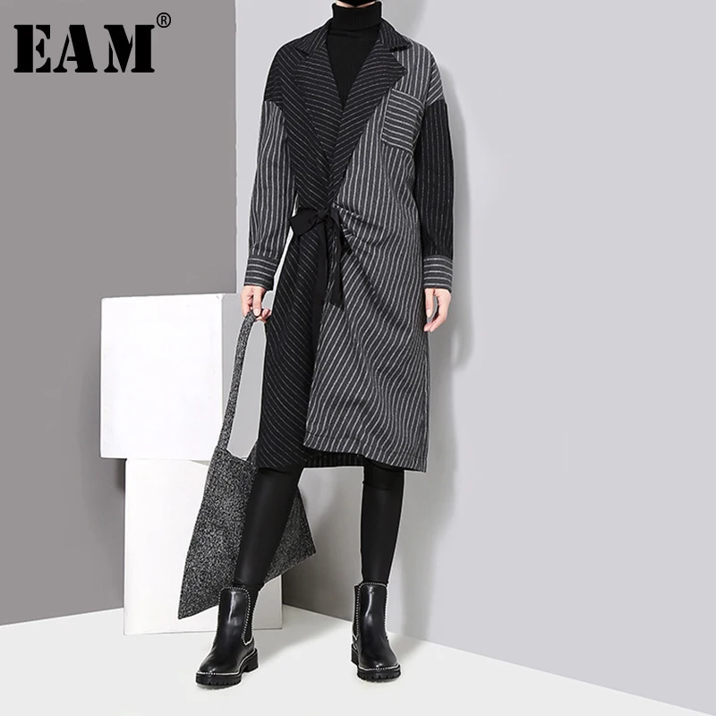 [EAM] 2019 New Spring Winter Lapel Long Sleeve Solid Color Striped Split Joint Loose Big Size Dress Women Fashion Tide JD394