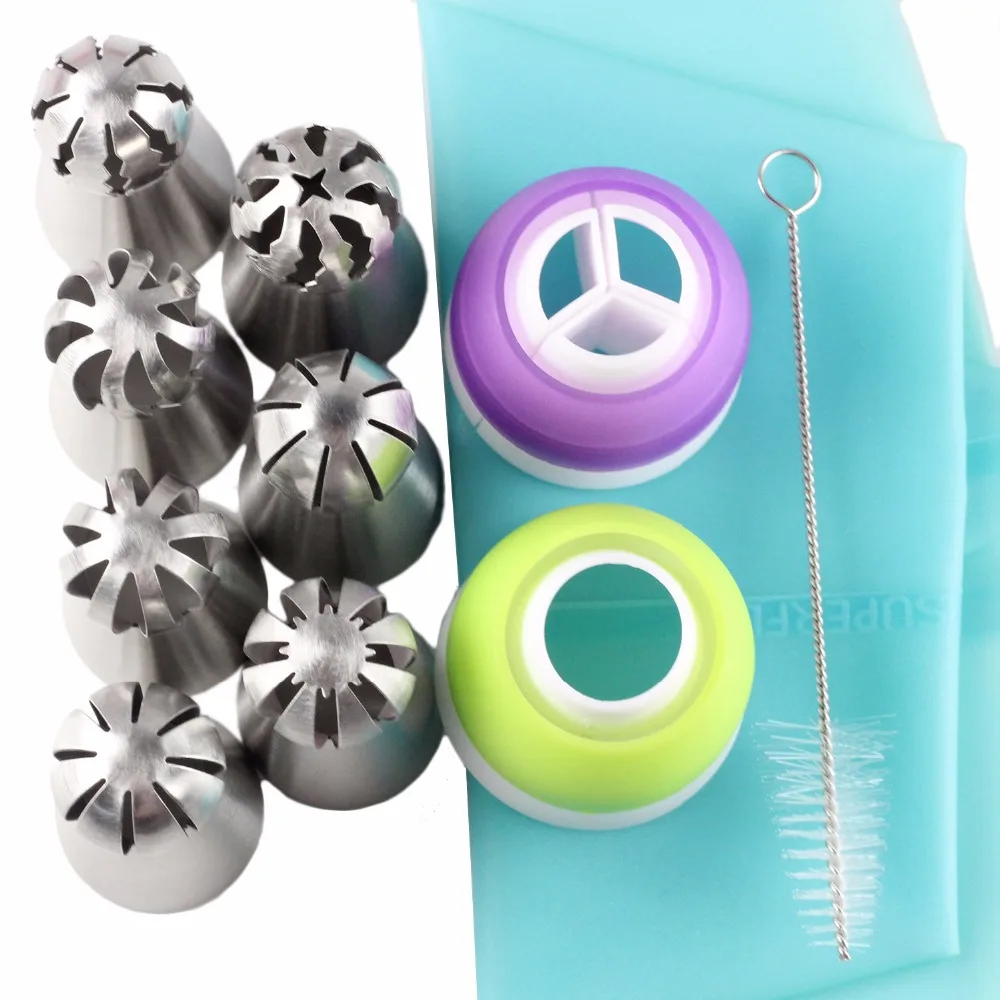 

11Pcs Pastry Nozzles Coupler Icing Piping Tips Sets Stainless Steel Sphere Ball Nozzles Silicone Bags Cupcake Cake Decorating