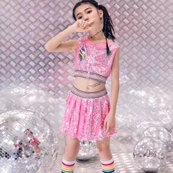 Новинка 2019 года, костюм для джазового танца для девочек жилет с блестками + юбка комплект из 2 предметов, Детский костюм в стиле хип-хоп