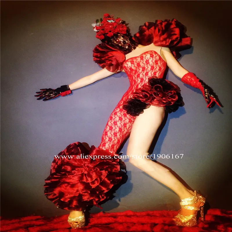 Red flowers lace dress dj ballroom dance costumes outfit rose party wears bar stage show catwalk performance clothe prom dj5