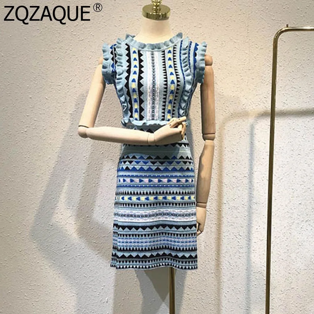 

WOMEN New Sleeveless Knitting Dress Silk Ice Summer Sweet Contract Color One-piece Dress Girls Nice Slim A-line Dresses SY1765