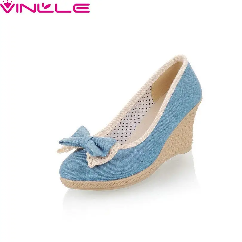 

VINLLE Slip On Round Toe Miss Shoes,Wedge High Heel Denim Bow Tie Pastoral Style New Spring Autumn Women Pumps Size 34-39 Blue