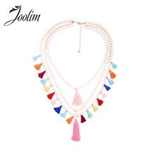 JOOLIM Jewelry Multicolored Tassel Necklace Bead Chain Layered Necklace Statement Boho Jewelry Wholesale delicate layered tassel necklace for women