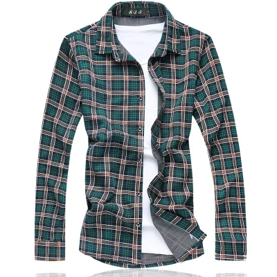 Новая мужская Тонкая Клетчатая Рубашка с длинными рукавами, мужская деловая рубашка большого размера, Повседневная модная повседневная мужская одежда, 5XL 6XL 7XL - Цвет: Зеленый