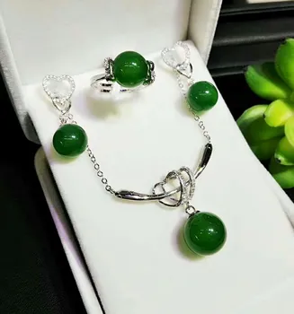 

See heart necklace set S925 silver set natural jade heart-printed collarbone necklace earrings ring