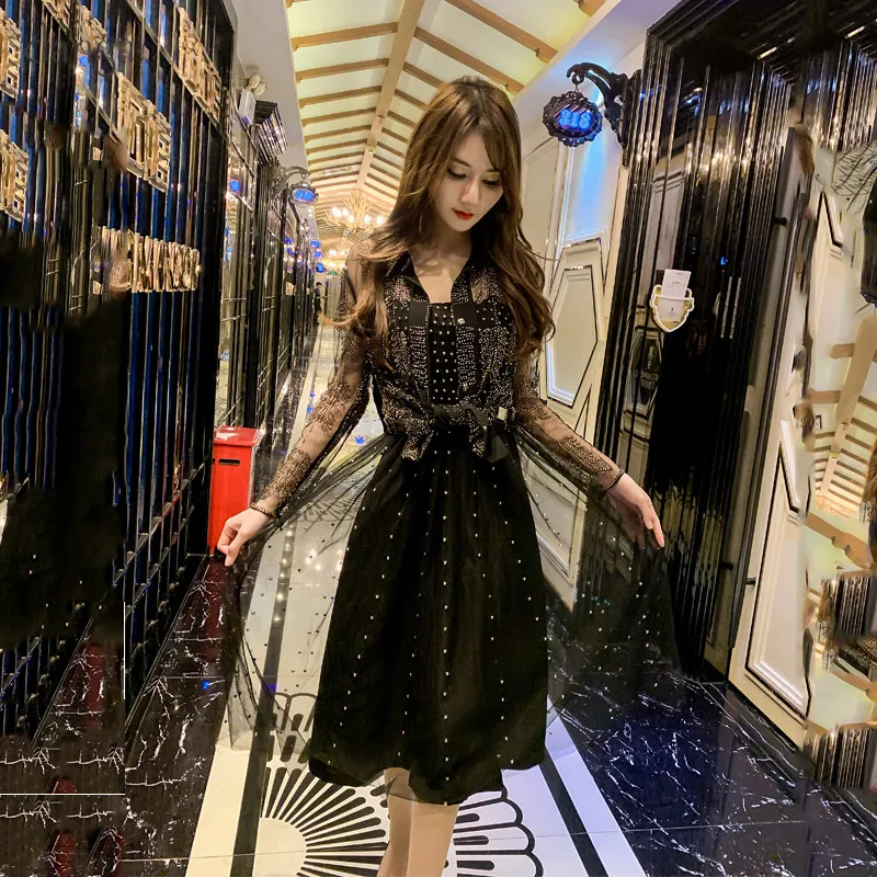 

DangalFashion Women Tulle Beading Blouses Sexy Club Summer Thin Shirts Full Sleeve See-through Gold Notched Party Tops for Girls