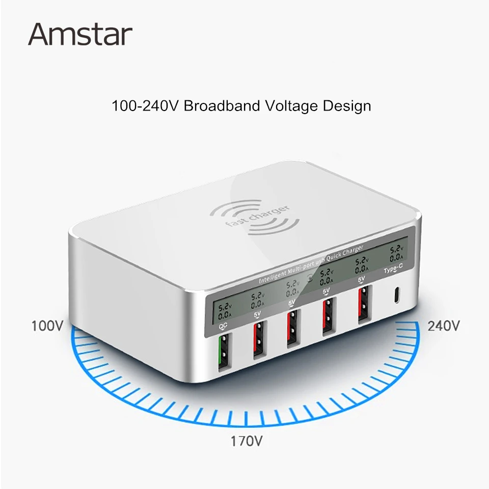 Amstar 10 Вт Qi Беспроводное зарядное устройство 5 В/8A 6USB зарядное устройство для телефона Быстрая зарядка 3,0 type C Быстрая зарядка для iPhone X XS 8 samsung S9 S8