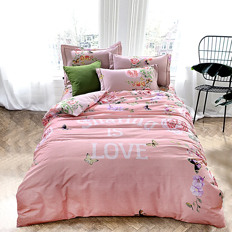 Cotton sanding fabric winter bedding set queen size pink floral butterfly duvet cover twin double king