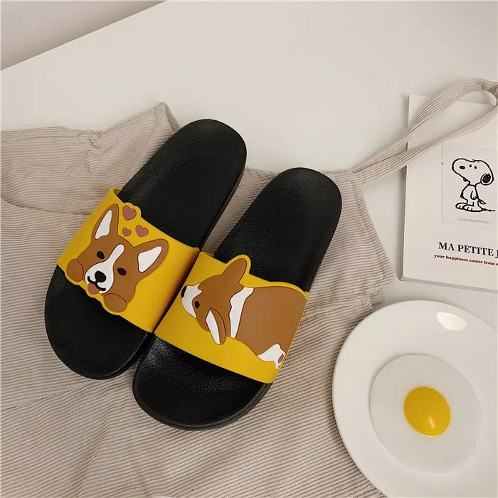 Summer Cartoon Women Shoes Kawaii Dog Animal Slippers Comfort Rubber Sliders Outside Indoor Sandals Cute Students Slip On Female - Color: black