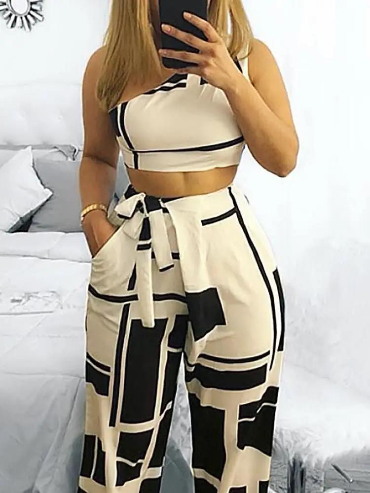 2019 جديد أزياء المرأة الذاتي مربوط المحاصيل أعلى و السراويل Colorblock واحد الكتف اقتصاص عالية الخصر واسعة فستان أطفال مع سروال داخلي 2019 جديد أزياء المرأة الذاتي مربوط المحاصيل أعلى و السراويل Colorblock واحد الكتف اقتصاص عالية الخصر واسعة فستان أطفال مع سروال داخلي