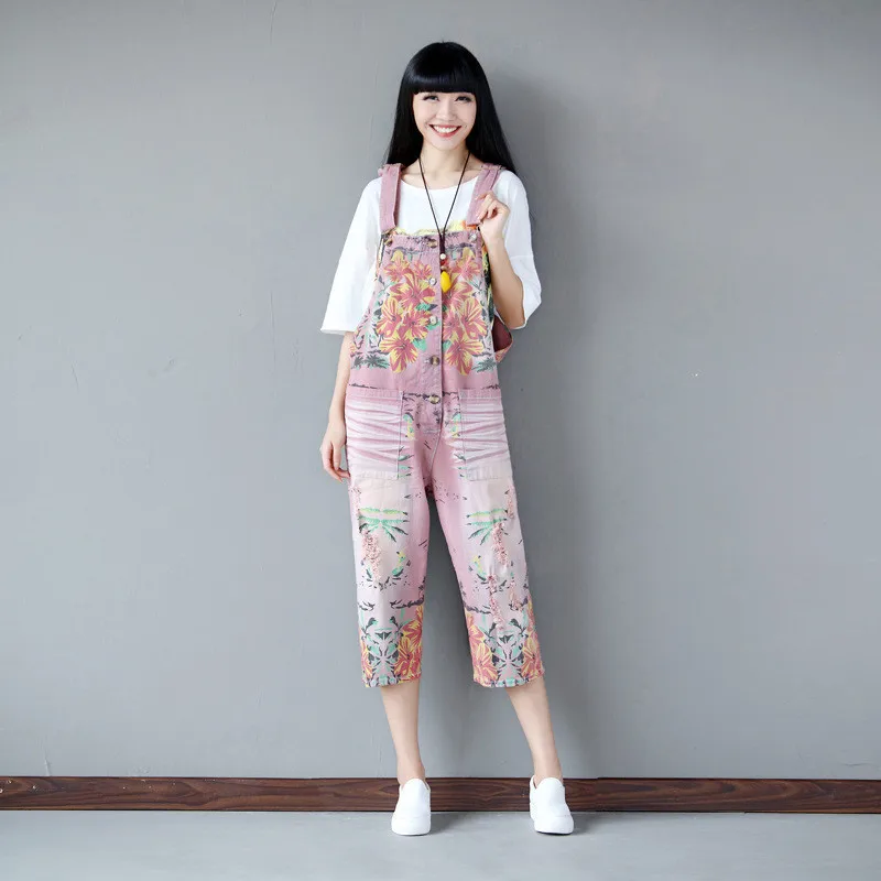 Loose Print Floral Denim Jumpsuit Girl Rompers Ripped Hole