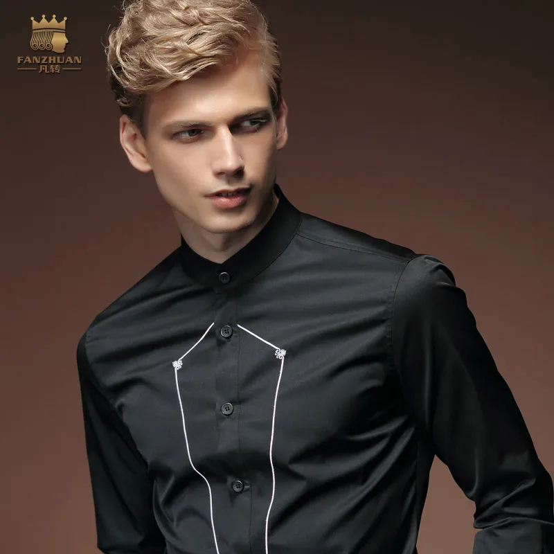 Fanzhuan/ ; Новинка года; Осенняя мужская рубашка с вышивкой; черная тонкая рубашка с воротником-стойкой и длинными рукавами; топ; 2028