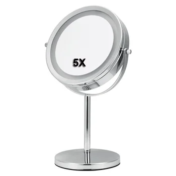 

7 inch round makeup mirror with LED light vanity mirrors 5 times magnification 360 degree rotating double-sided desktop mirrors