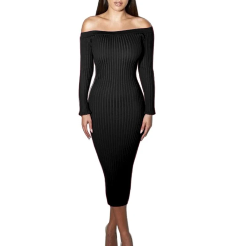 

Women Knitted Sweater Warm Dress Off Shoulder Slash Neck Sexy Club Slim Bodycon Party Night Dresses