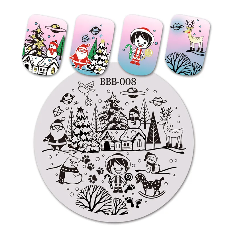 BeautyBigBang 5 шт./компл. пластины для штамповки ногтей круглые Рождественские снежинки Подарочная пластина для дизайна ногтей Шаблон трафарет для ногтей