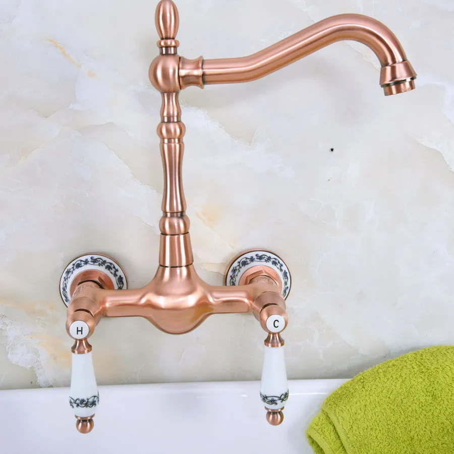Antique Red Copper Brass Wall Mounted Bathroom Kitchen Sink Faucet