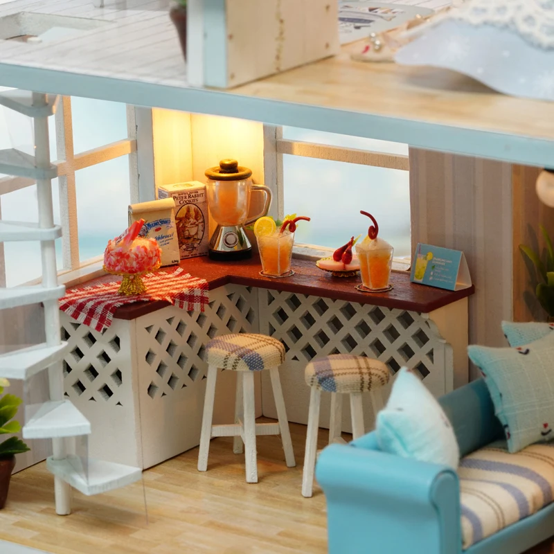Cute Room DIY Doll house Toys Model With LED 3D Wooden Furniture Miniature House Toys Birthday Gifts Caribbean Sea A037 #E