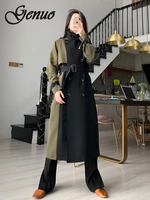

Women new 2019 Plus size classic Contrast Color Fall winter Long trench coats Fashion patchwork overcoats