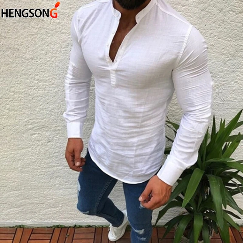 2018 Autumn New Men Casual Button Linen Shirt Pure Color Half Open ...