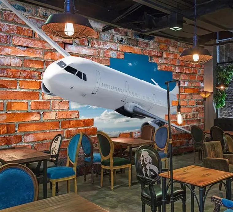 

Custom Mural Photo Wallpaper For Walls 3D Stereoscopic Aircraft Breaking Wall Art Wall Painting Red Brick Background Wallpaper