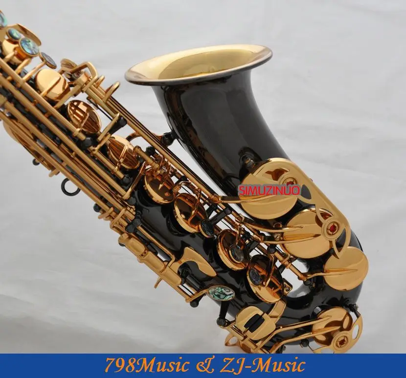Black Lacquer Gold and Gold Bell Eb Alto Saxophone High F Key Abalone