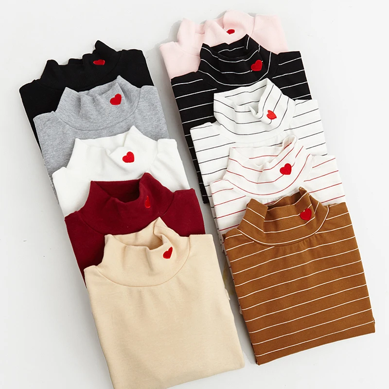 

Women Harajuku Heart Embroidery Love Small Elastic Turtleneck Thickening Basic T-Shirt Female Kawaii Punk Tops And Tee