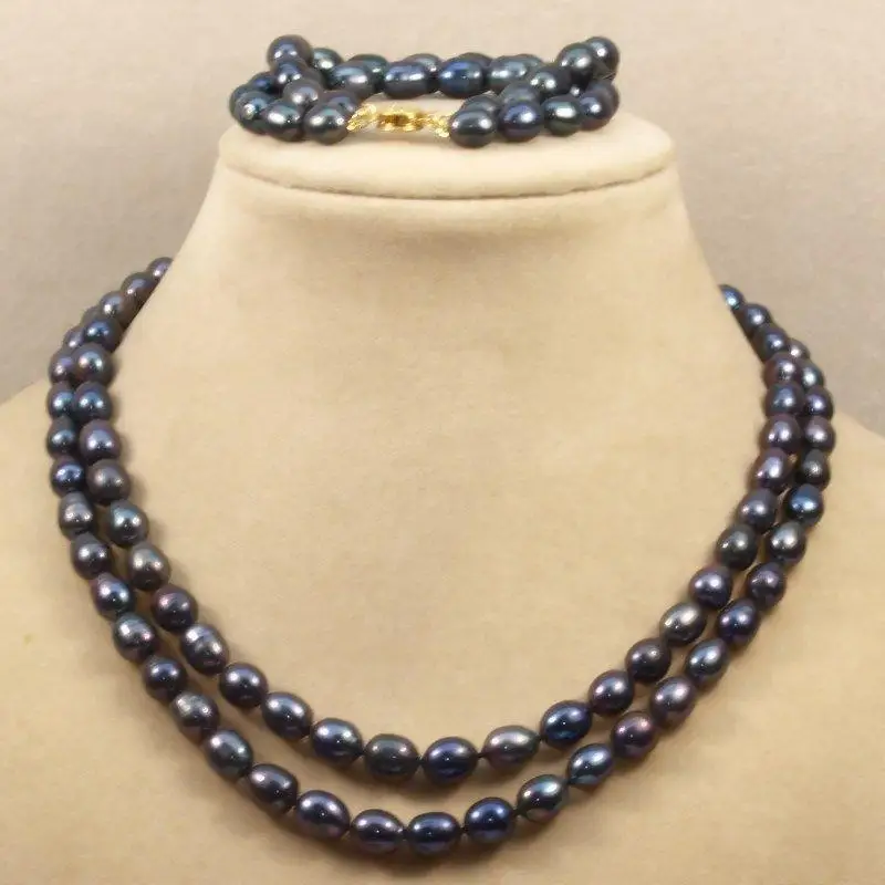 

2 row 8-9mm genuine Black fresh water oval pearl necklace bracelets^^^@^Noble style Natural Fine jewe SHIPPING new -Bride jewelr