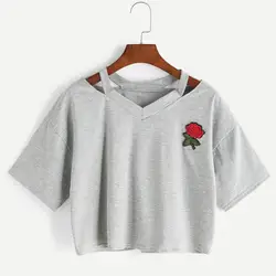2018 Для женщин короткая футболка летние пикантные открытые короткий рукав Повседневное Harajuku укороченный топ Роза футболки с вышивкой