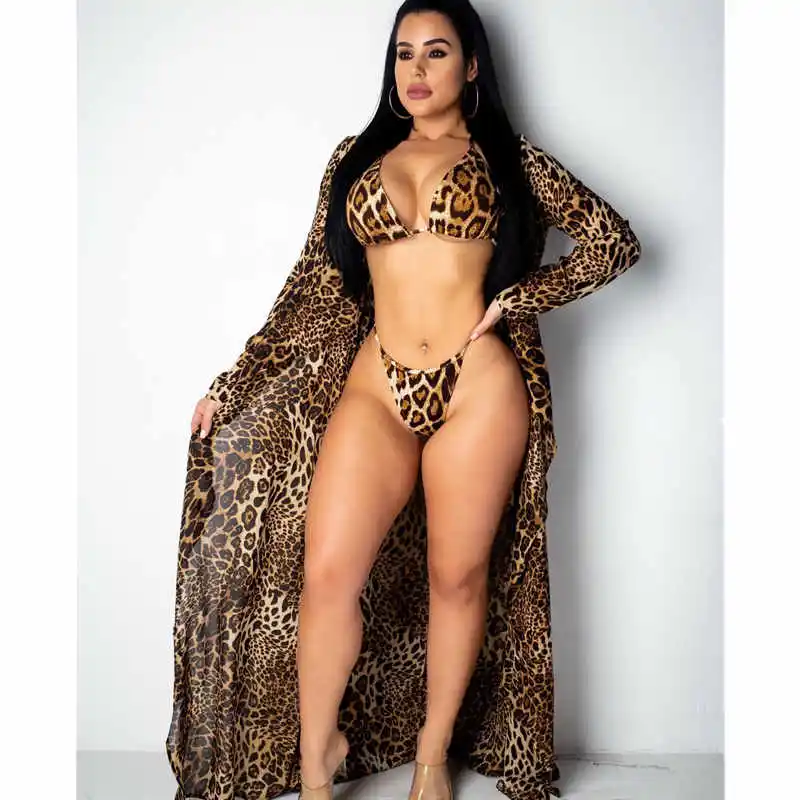 

Three Pieces Women Leopard Print Bikini Swimsuit Swimwear with Bikini Cover Up Leopard Summer Hot Female Kaftan Sarong