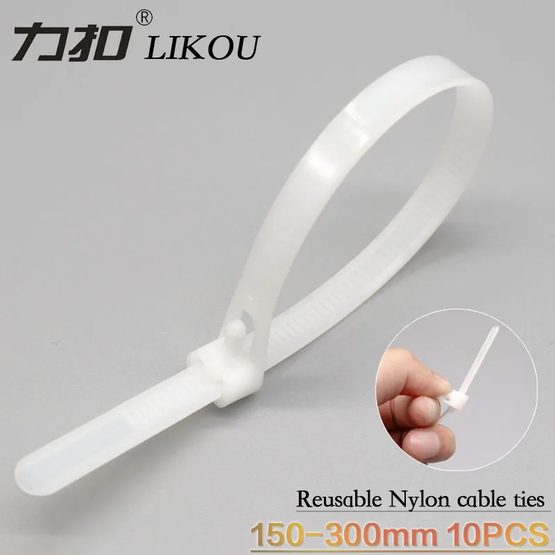 

LIKOU Reusable Nylon cable ties 8x150mm 8x200mm 8x300mm slipknot packaging Plastic Zip Tie wrap Strap 10pcs white/black