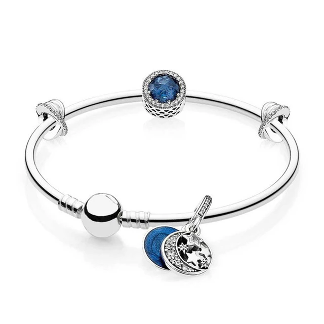 

SIEMTO 100% 925 Sterling silver Vintage Galaxy Bangle Gift Set Clear CZ fit DIY Original charm Bracelets jewelry A set