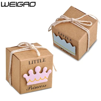 

WEIGAO 20/40pcs Kraft Paper Candy Box Bags Baby Shower Boy Gifts For Guests Little Prince/Princess Crown Happy Birthday Present