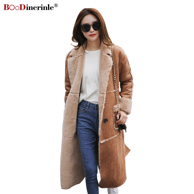 

Women's Winter Warm Coat New Camel Suede Stitching Fur Jackets for Women Casual Cool Big Pocket Lapel Long Outwear Female L069