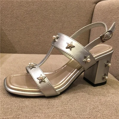 

Metal Star Decor Women Sandals Square Heel Woman Shoes Buckle Women Gladiator Slingback Women Sandalia Pearl Zapatos De Mujer