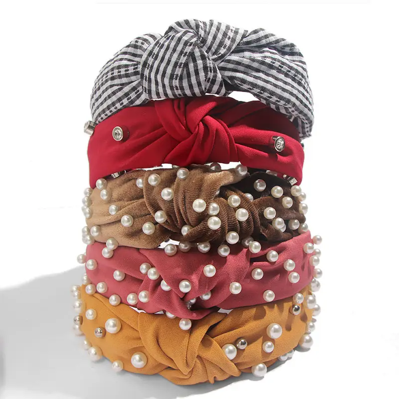 Bohemian Solid Color Soft Velvet Center Knot Wide Pearl Hairband Ladies multiple color Knotted Hairband Hair Accessories